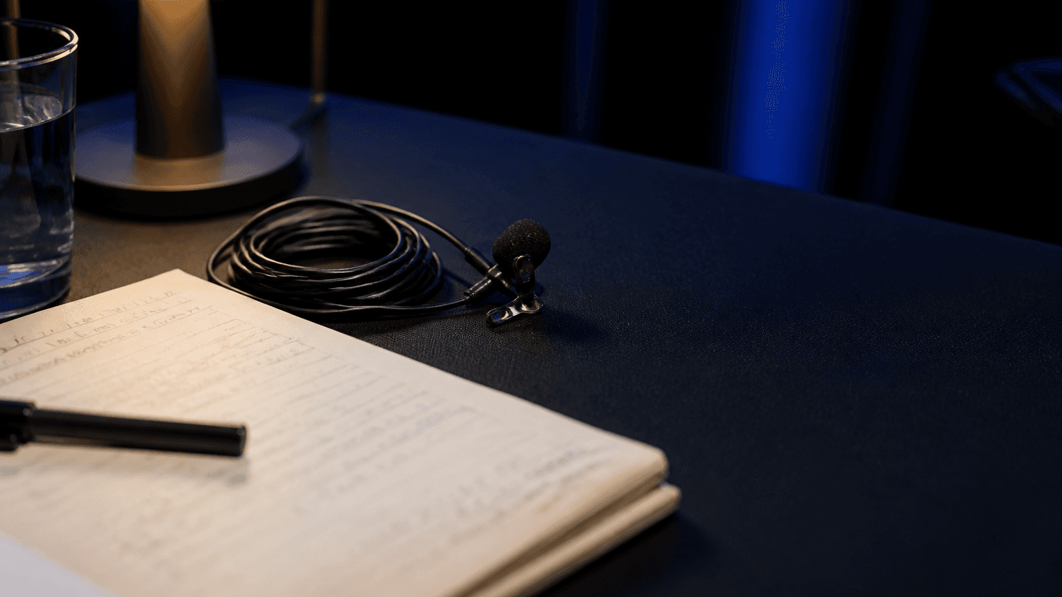 Backstage moment before a keynote, notes in hand and stage lights visible beyond the curtain